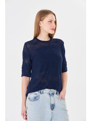 Irmak Kerekli Kadın Yumuşak Dokulu Gül Desenli Dantel Örgü Bisiklet Yaka Ense Düğmeli Kısa Kollu Triko Bluz 14830 Lacivert