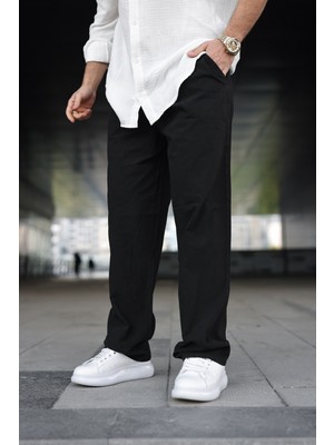 Comstar Erkek Trend Basic Bol Paça Siyah Baggy Keten Pantolon