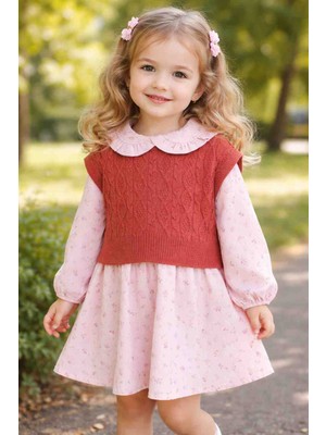 Kidsroom Kız Bebek Triko Yelekli Desenli Elbise Takımı