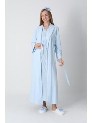 Erdeniz Tekstil Hamile & Lohusa Jakarlı/şık Fiyonk Detaylı 2’li Gecelik ve Sabahlık Takım – Viskoz Pamuk-Tesettür Uyumlu