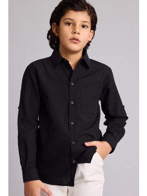 DeFacto Regular Fit Polo Yaka Keten Görünümlü Uzun Kollu Gömlek Erkek Çocuk B5983A826SP