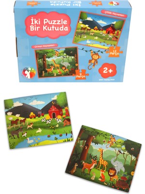 Mert Bebek 2 Puzzle Bir Kutuda Çiftlik ve Orman Hayvanları Eğitici Çocuk Puzzle Seti 2+ Yaş
