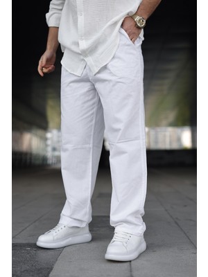 Comstar Erkek Trend Basic Bol Paça Beyaz Baggy Keten Pantolon