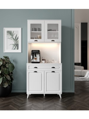 Guneystore Luna 93 cm Ayaklı Kahve Köşesi – Komple Mdf, LED Aydınlatmalı, Çok Amaçlı Mutfak ve Airfryer Dolabı