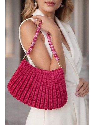 Vela El Örgüsü Fuşya Boncuk Saplı Kadın Çanta