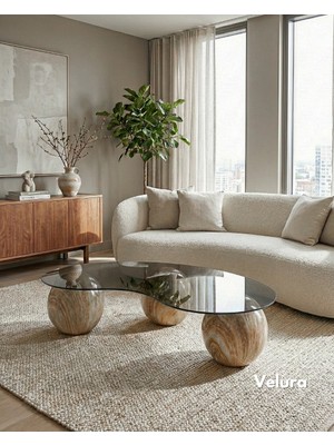 Modern Orta Sehpa & Top Sehpa Cam Sehpa & Küre Orta Sehpa - Traverten Mermer Top - Fasulye - Füme Cam