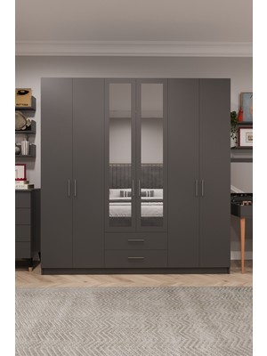 Asra Trend MDF 6 Kapaklı, 2 Çekmeceli, 2 Aynalı Gardırop - 240x208x53cm, Geniş Kıyafet Dolabı, G-05