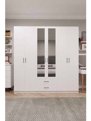 Asra Trend Lüks 6 Kapaklı Çekmeceli Gardırop %100 MDF Askılı Aynalı Düzenleyici Elbise Dolabı G-05