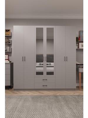 Asra Trend Lüks 6 Kapaklı Çekmeceli Gardırop %100 MDF Askılı Aynalı Düzenleyici Elbise Dolabı G-05