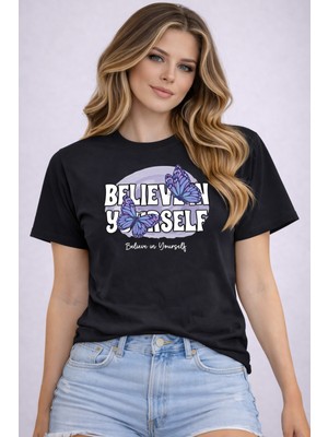 herkesemoda Believen Yourself Baskı Detaylı Basic T-Shirt