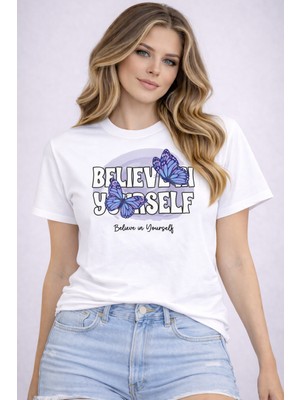 herkesemoda Believen Yourself Baskı Detaylı Basic T-Shirt