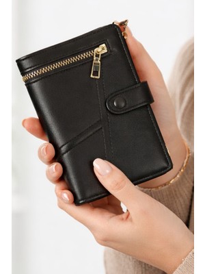 Sannora Bags Kadın Siyah Fermuarlı Cüzdan – Çok Kartlıklı, Para Bölmeli, Şık ve Kullanışlı Orta Cüzdan