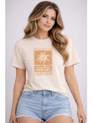 herkesemoda Coastal Vibes Baskı Detaylı Basic T-Shirt