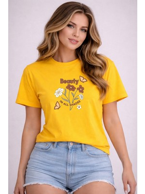 herkesemoda Beauty Baskı Detaylı Basic T-Shirt