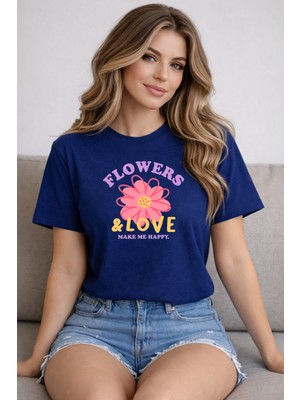 herkesemoda Flowers Love Baskı Detaylı Basic T-Shirt