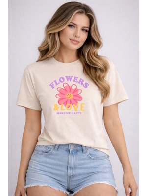 herkesemoda Flowers Love Baskı Detaylı Basic T-Shirt