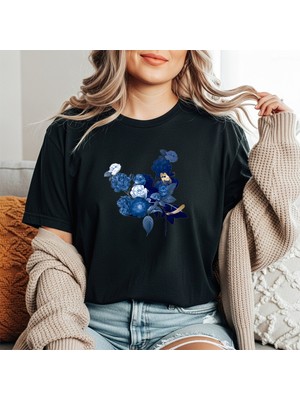 herkesemoda Mavi Çiçekler Baskı Detaylı Basic T-Shirt
