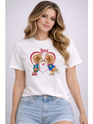 herkesemoda Love Ayıcık  Baskı Detaylı Basic T-Shirt