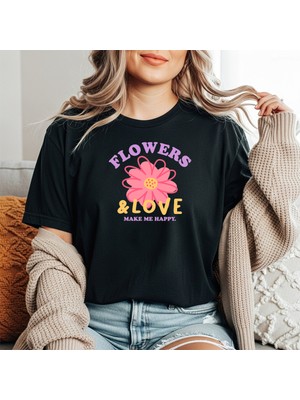 herkesemoda Flowers Love Baskı Detaylı Basic T-Shirt