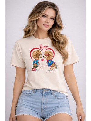 herkesemoda Love Ayıcık  Baskı Detaylı Basic T-Shirt