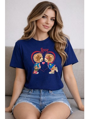 herkesemoda Love Ayıcık  Baskı Detaylı Basic T-Shirt