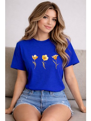 herkesemoda Sarı Çiçekler  Baskı Detaylı Basic T-Shirt