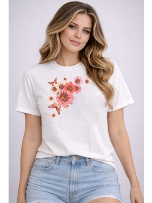 herkesemoda Pembe Çiçekler Baskı Detaylı Basic T-Shirt