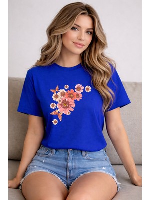 herkesemoda Pembe Çiçekler Baskı Detaylı Basic T-Shirt