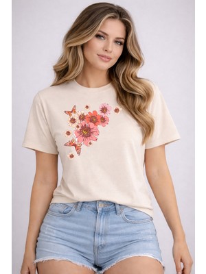 herkesemoda Pembe Çiçekler Baskı Detaylı Basic T-Shirt