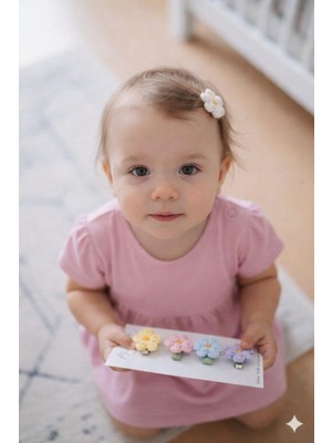 Miccolatte El Yapımı Bebek Örgü Papatya Toka 5’li Set – Mini Klipsli, Kaymaz, Soft Color Saç Aksesuarı (3.5 cm)