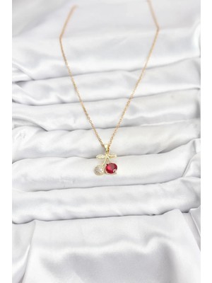 Indispensablely 316L Çeli̇k Zi̇nci̇r Gold Renk Ki̇raz Model Zi̇rkon Taşli Kadin Kolye