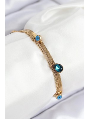 Indispensablely 316L Çeli̇k Nazar Boncuk Detayli Mavi̇ Zi̇rkon Taşli Model Italyan Zi̇nci̇r Gold Renk Kadin Bi̇lekli̇k