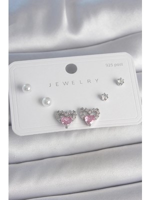 Indispensablely Pi̇ri̇nç Gümüş Renk Pembe Zi̇rkon Taşli Kalp Model Inci̇ Detay 925 Ayar Gümüş Çi̇vi̇ Kadin Küpe Seti̇