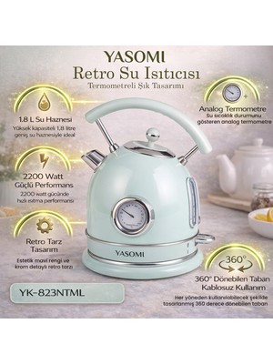 Yasomi YK-823NTSL 2200W 360° Döner Taban Kablosuz Kullanım Retro Su Isıtıcı Kettle