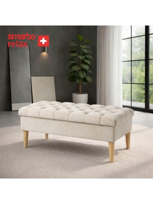 Smarto Relax  Swiss Style Puf Mürren Ayaklı Kapitoneli Sandikli Dekoratif 100x100x45 cm puf Ayaklı Kapitoneli Dekoratif puf(Ekru)