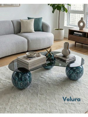 Velura Home & Living Modern Orta Sehpa & Küre Sehpa & Top Sehpa & Füme Fasulye Cam & Ocean