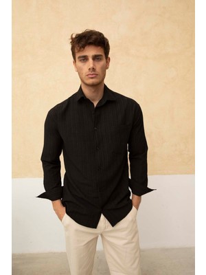 Cool Tarz Erkek Waffle Gömlek Yaka Sol Cep Detaylı Gömlek