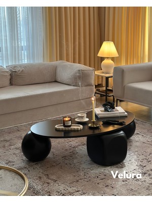 Velura Home & Living Modern Orta Sehpa & Top Sehpa Cam Sehpa & Küre Orta Sehpa - 2 Siyah Top & 1 Siyah Zar - Fasulye - Siyah Mdf