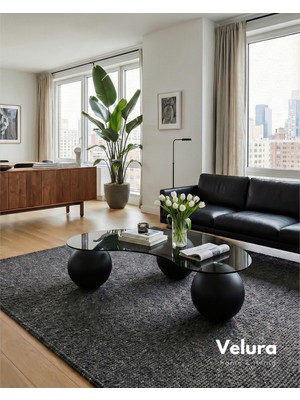 Modern Orta Sehpa & Top Sehpa Cam Sehpa & Küre Orta Sehpa - Siyah Top - Fasulye - Füme Cam