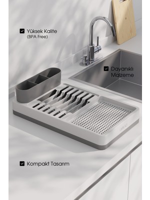 Deyhome Bulaşık Kurutma Sepeti ve Düzenleyici, Su Tahliyeli Bölme, Modern Ve Pratik Kirli Beyaz/Gri