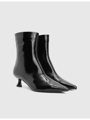 İLVİ Damian Hakiki Kırışık Rugan Deri Siyah Kadın Topuklu Bot