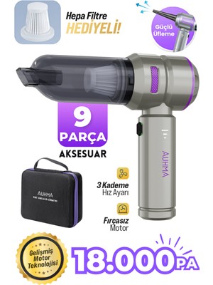 Auhma Ahv-02 Kablosuz Araç Içi Süpürge Mor | 17000PA Güçlü Vakum | Fırçasız Motor | Üfleme & Vakum Özellikli | 9 Başlık + Type-C Kablo