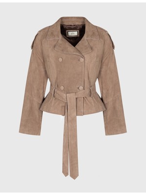 İLVİ Rosio Hakiki Süet Deri Bej Kadın Mont