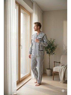 Purificado %65 Pamuk Yeni Sezon Erkek Şık Tasarım Çizgi Desenli Pijama Takımı