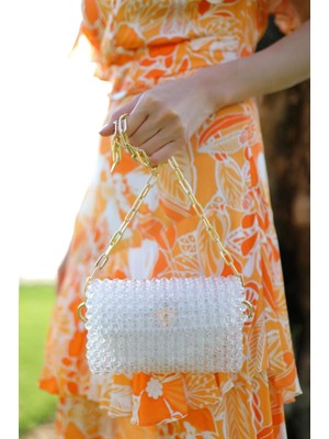 Indispensablely El Yapimi Zi̇nci̇rli̇ Inci̇li̇ Çanta Beyaz