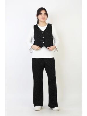 Modanino Kız Çocuk 3'lü Takım-Yelekli,taş Süslemeli ve Geniş Paçalı 12515