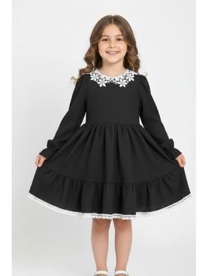 Modanino Kız Çocuk Elbise -Bürümcük Kumaş-Yaka ve Etek Uçları Nakış Detaylı 4-9 Yaş 12516