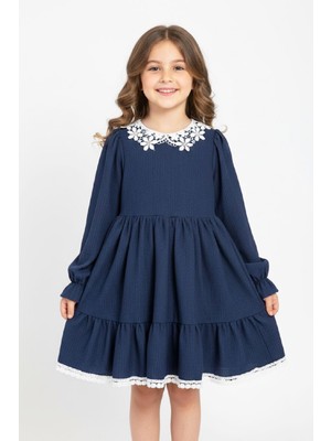 Modanino Kız Çocuk Elbise -Bürümcük Kumaş-Yaka ve Etek Uçları Nakış Detaylı 4-9 Yaş 12516