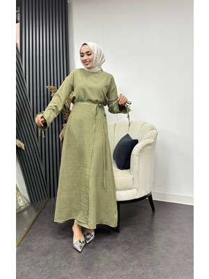 Tesettür Diyarı Sofya Keten Eteği Bağlamalı Takım-Haki