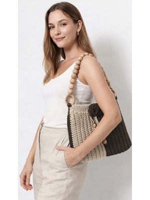 Vela Makrome Ip Örgülü Ahşap Boncuk Saplı El Yapımı Omuz Çantası